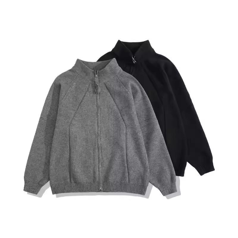 Solid Color Knitted Sweater Jacket Men's Spring and Autumn Lazy High-end Cardigan Japanese Retro Ruffian Handsome Stand-up Neck Sweater