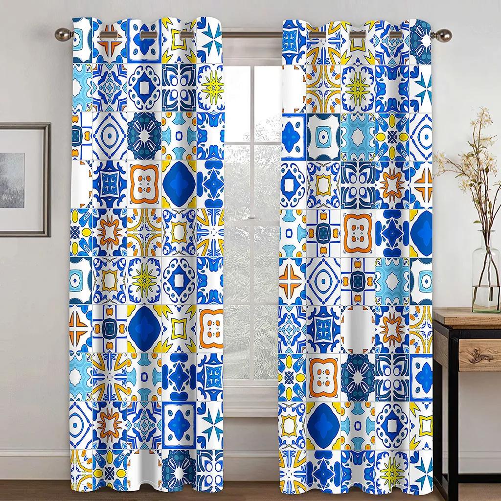 Bohemian Retro Curtain for Bedroom, Thin Polyester Sunshading Window Decorative, Boho Printing, Finished
