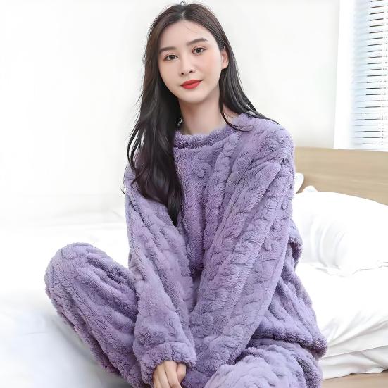 2 Pcs/Set Unisex Winter Pajamas Set Round Neck Solid Color Thickened Coral