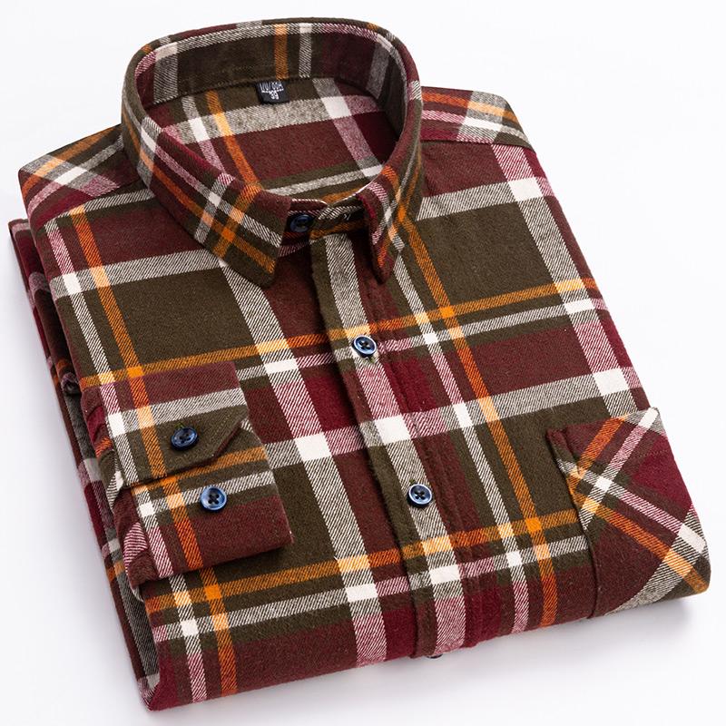 Men's Fashion 100% Cotton Thick Brushed Flannel Shirts Single Patch Pocket Long Sleeve Standard-fit Plaid Checkered Casual Shirt