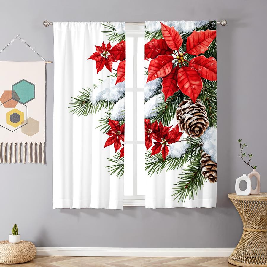 Set Of 2 Artistic Floral Curtains Design Polyesterholiday Winter Window Decor Home Accent Curtain With Rod Pocket Light Filtering Polyester