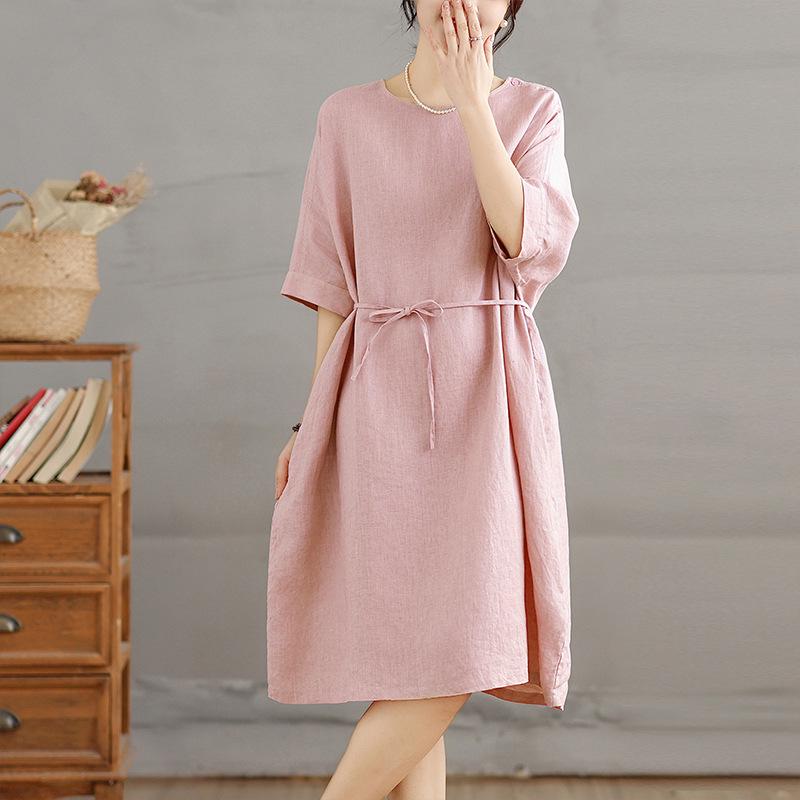 Women s 2026 Artistic Cotton Linen Mid-Length Dress, Japanese Layered Style, Solid Color Skirt M