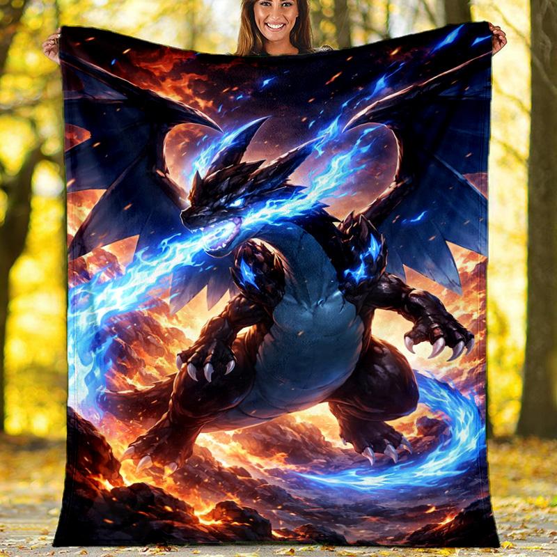 

Mega Charizard Blue Flame Dragon Flannel Fleece Blanket, Soft Warm Mythical Beast Throw Blanket for Bed, Anime Fan Gift 80cm x 120cm