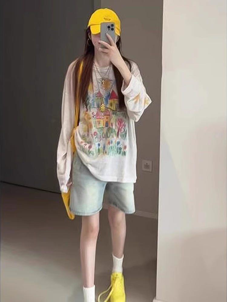 Women's Retro Graffiti Print Long Sleeve Summer Sunscreen Cover-Up Top