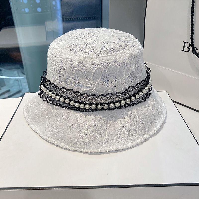 Spring and summer breathable retro pearl bucket hat women's breathable fashion versatile lace basin hat shopping sun hat versatile