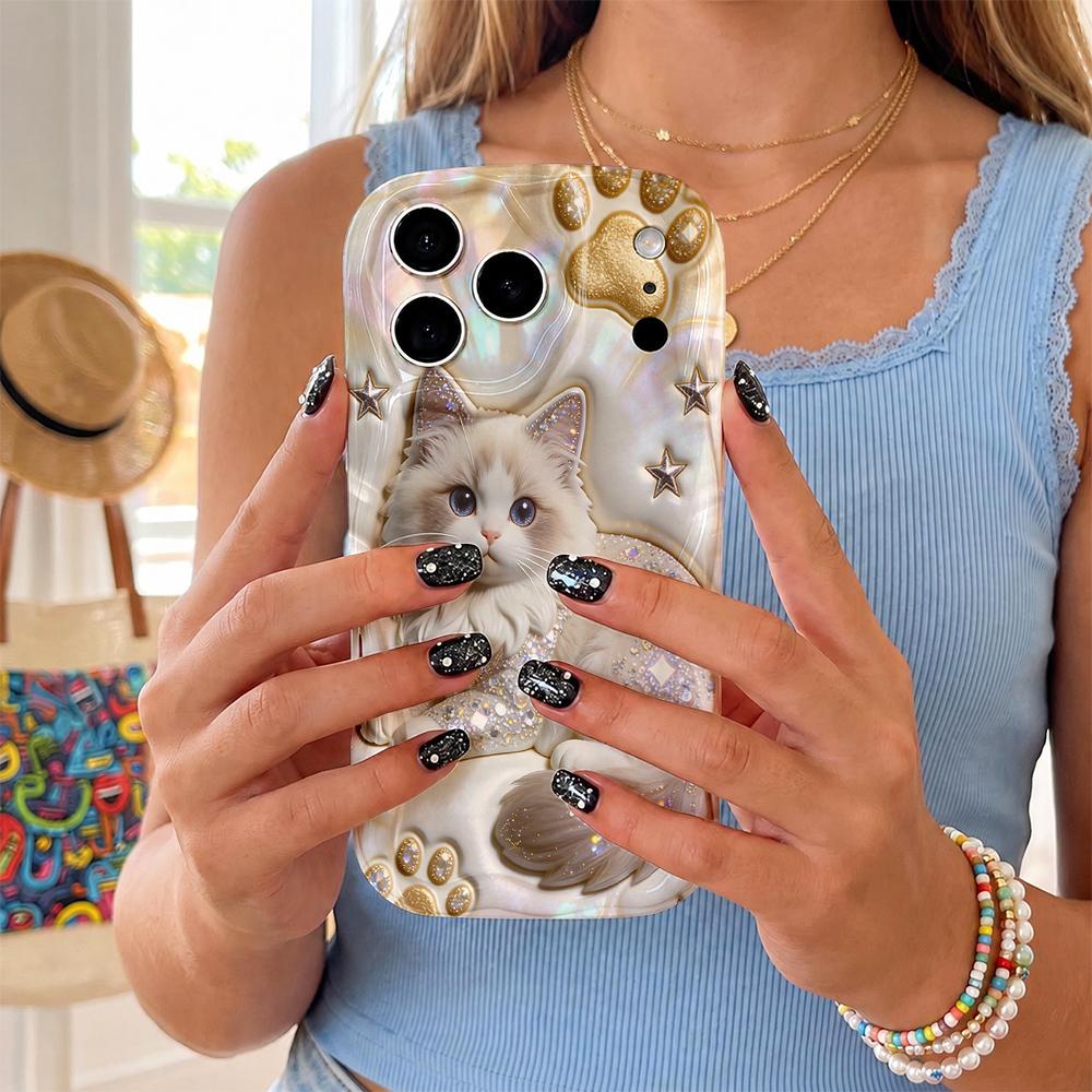 Full Rhinestone Ragdoll Cat Paw Star Wavy Edge Phone Case For iPhone 17 16 15 14 13 12 11 8 7 Plus Pro Max Bling Pet Cover