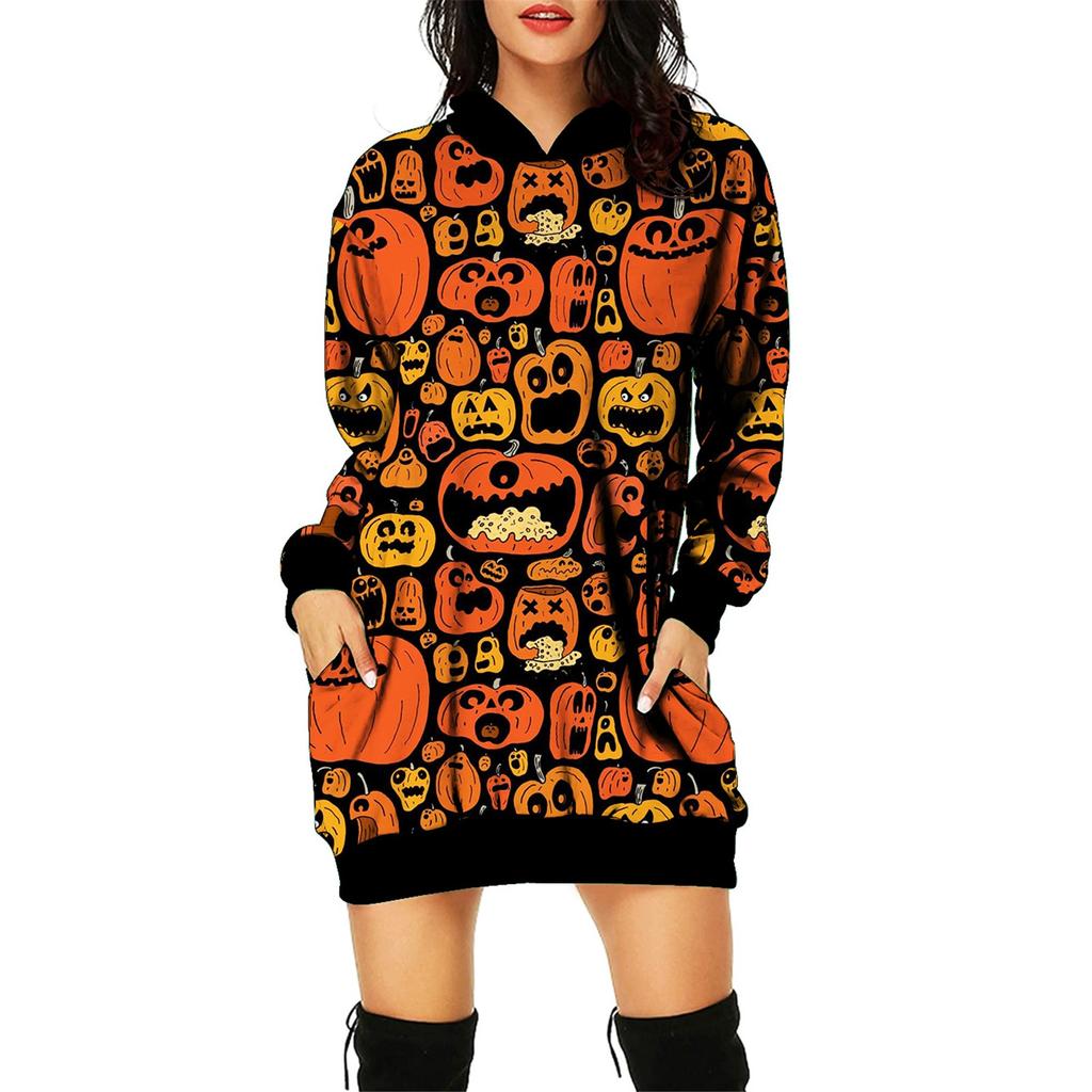 Women's  And Winter Hooded Sweatshirt Dress Halloween Print Dress