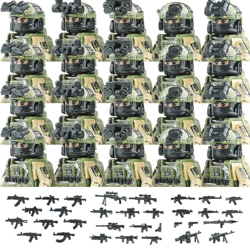 20PCS Military Army Figures Building Blocks SWAT Ghost Commando US Russia Special Forces Soldier Weapons Shield Belt Bricks Toys