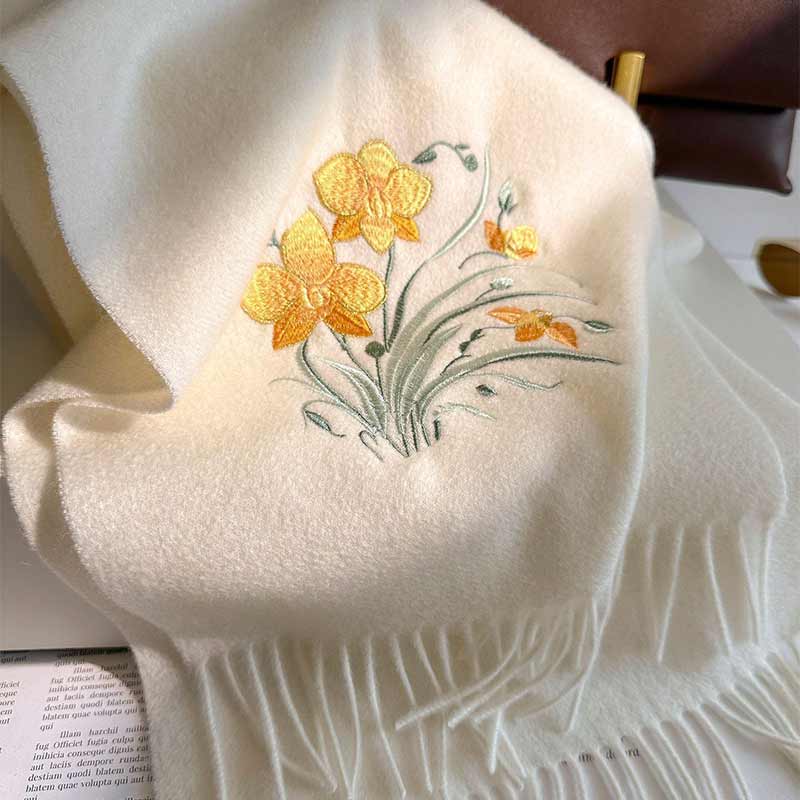 100% Wool Winter Scarf For Women Warm Embroidery Scarves Hijab Solid Lady Shawl Wrap Female Pashmina Bandana Head Scarfs New