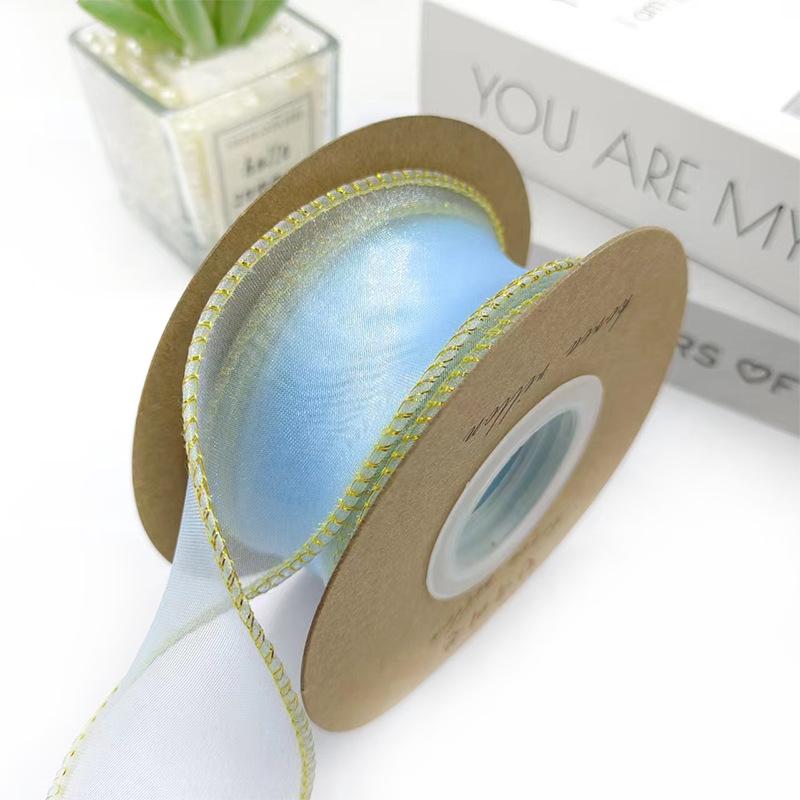 10yards Organza Ribbon Golden Wave Wired Ribbon Gift Bouquet Packaging,Handicrafts,Christmas Birthday Wedding Party Decoration