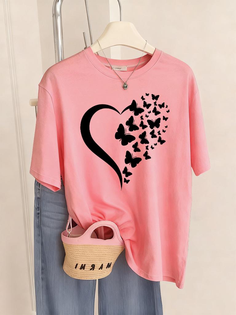 Butterfly Heart Printed T-Shirts Womens Casual Loose T Shirts O-Neck Soft Short Sleeve Tops Summer Comfortable Woman Clothes