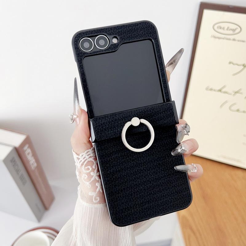 Skórzane etui składane Slim 3-częściowe w jednolitym kolorze w paski dla Samsunga Galaxy Z Flip6 Flip5 Flip4 Flip3 z uchwytem na pierścień, twarde PC, odporne na wstrząsy, matowe etui na telefon