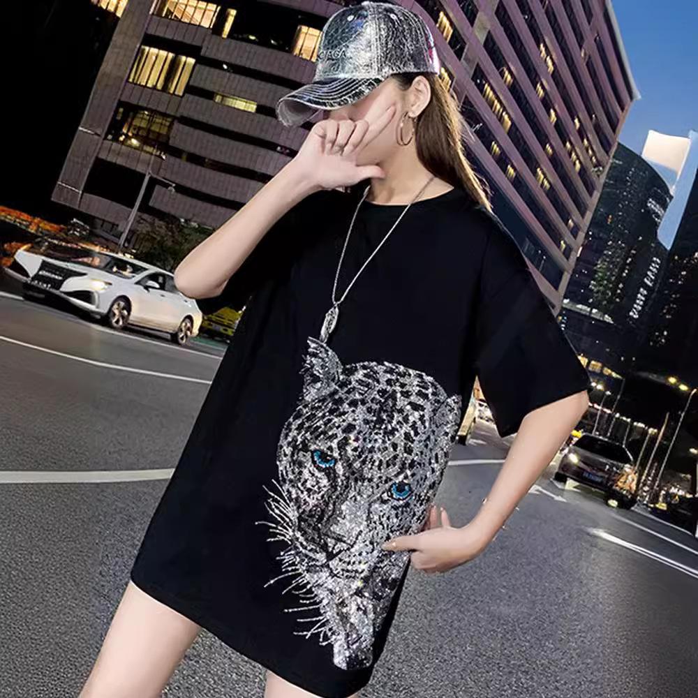 200g Combed Cotton Women's Plus Size Rhinestone Top, 2023 Mid-Length Style