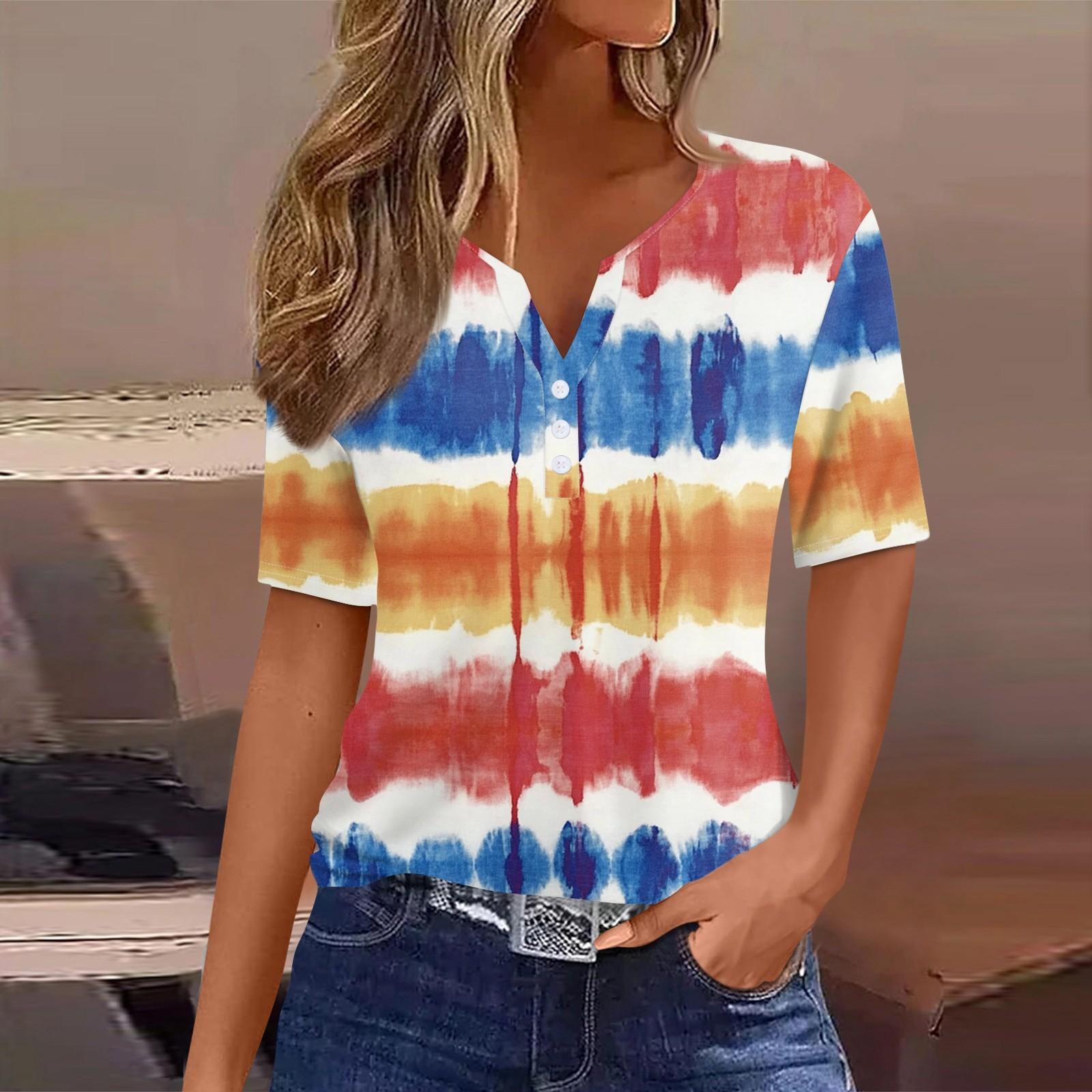

Женская футболка с принтом на пуговицах, короткий рукав, туника, повседневная мода на выходные, базовый топ с V-образным вырезом XL оранжевый