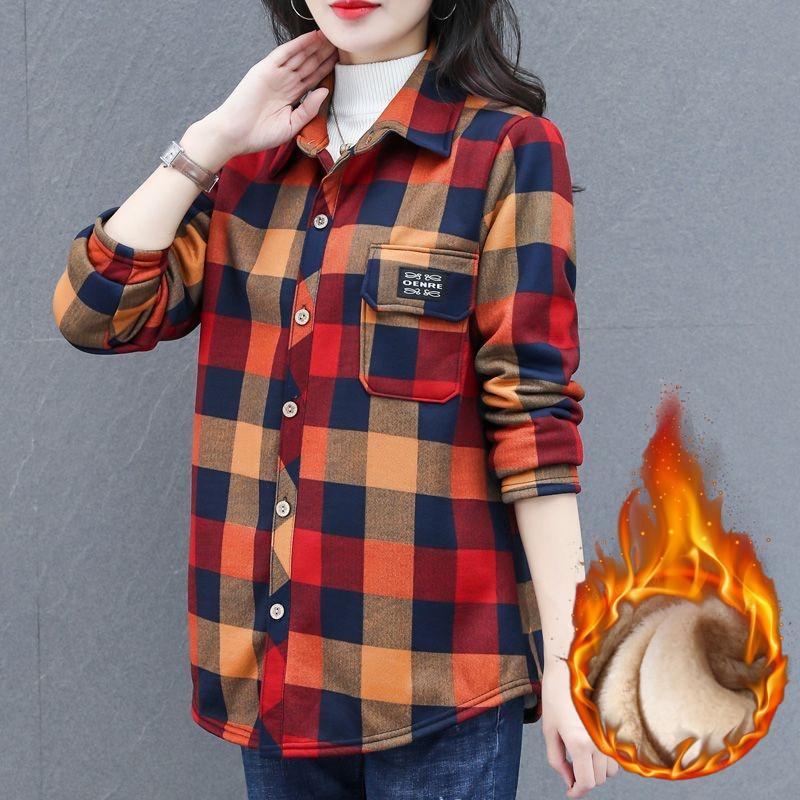 Winter Warm Shirt Autumn and Winter Western Style Mother Plus Velvet Thick Shirt Women's Brushed Thick Top