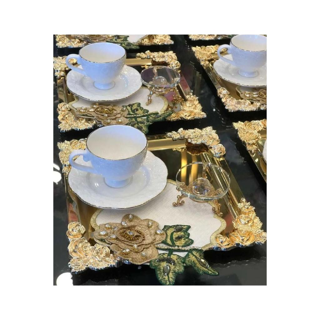 Silver Gold Detailed 18/10 Steel Coffee Presentation Tray 1 Piece