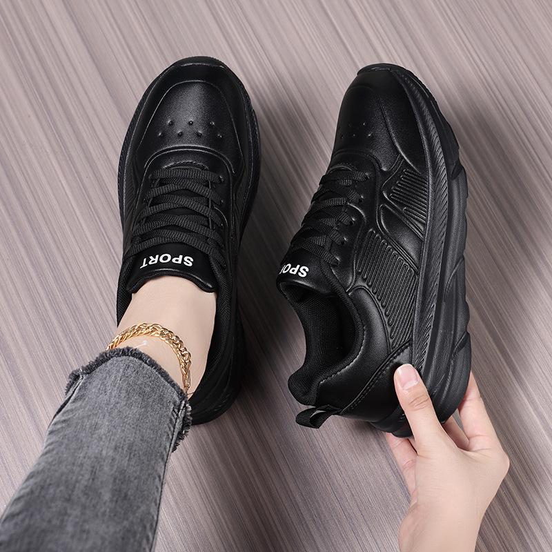 Lightweight Black Leather Women's Sneakers - Big Size, Comfortable, Autumn/Winter Collection, Size 42