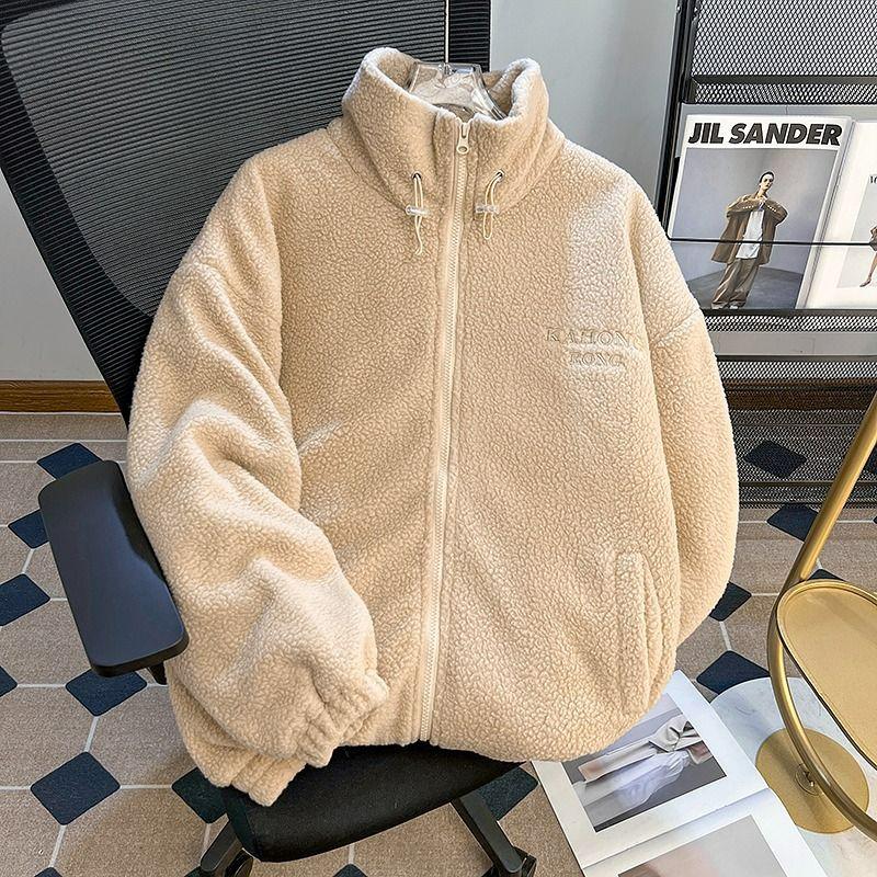 Herren Trendy Fleece Stehkragen Jacke - Winter Lammwolle, Dick, Warm, Lässiger Baumwollmantel