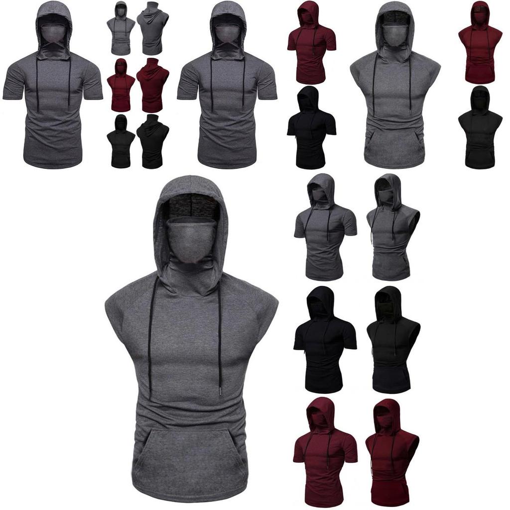 Stylish Men's Hooded Pullover T Shirt Tank Top With Protective Mask For Active Wear