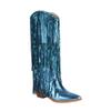 Fashion Women's New European and American Nightclub Pointed Sequin Tassel Knee High Heel Large Western High Barrel Boots 44 45 46
