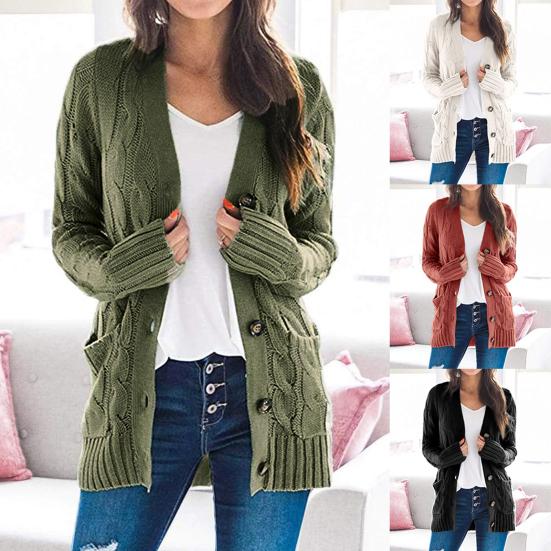 Women Autumn Open Front Knitted Cardigan Sweater Button Pockets Outwear Coat