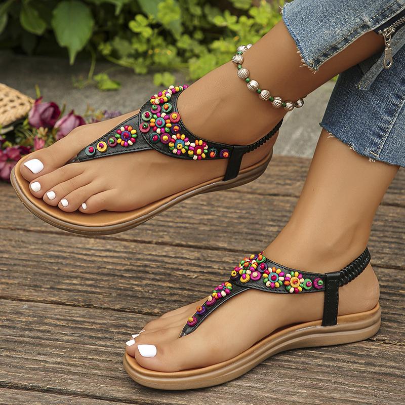 Lucyever Sommer Zehensteg Böhmische Sandalen Damen Mode Schnur Perle Flache Absätze Sandalen Frau Rutschfeste Sohle Strand Flip Flops Mujer