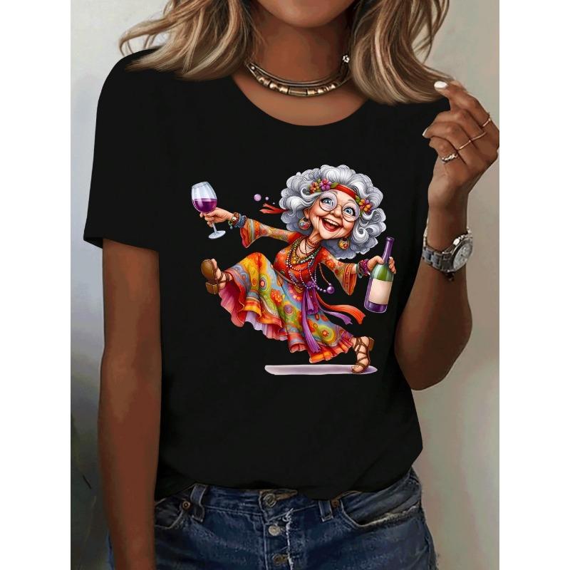 Elegant Granny Graphic Print Women's Summer Casual Short Sleeved T-Shirt Cute Playful Round Neck Tees Top Casual Woman Clothes