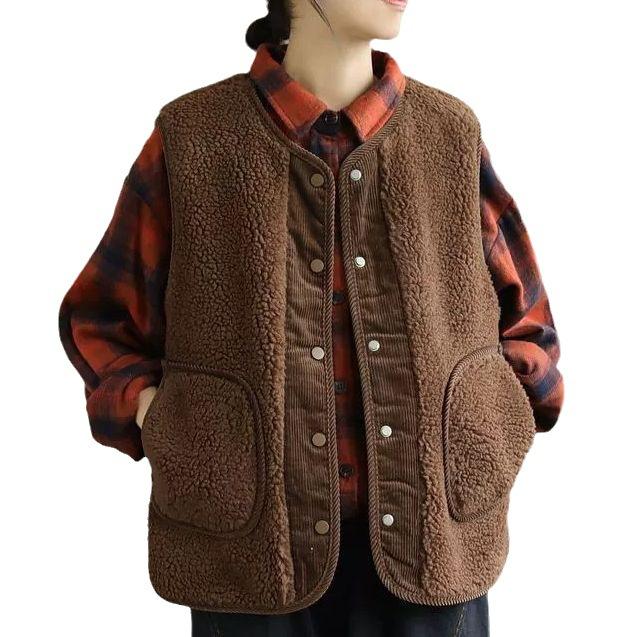 Ležérní krátká vesta z umělé jehněčí vlny pro ženy na podzim, teddy vesta, výstřih do V, silné bez rukávů, vintage manšestrová, oboustranná vesta