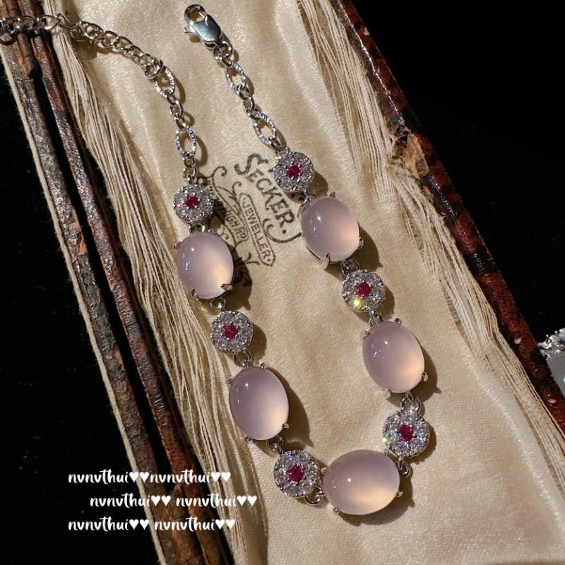 Elegant Heart-Shaped White Chalcedony Necklace With 18K Gold Plating Pink Purple Flower Zircon Bracelet Set