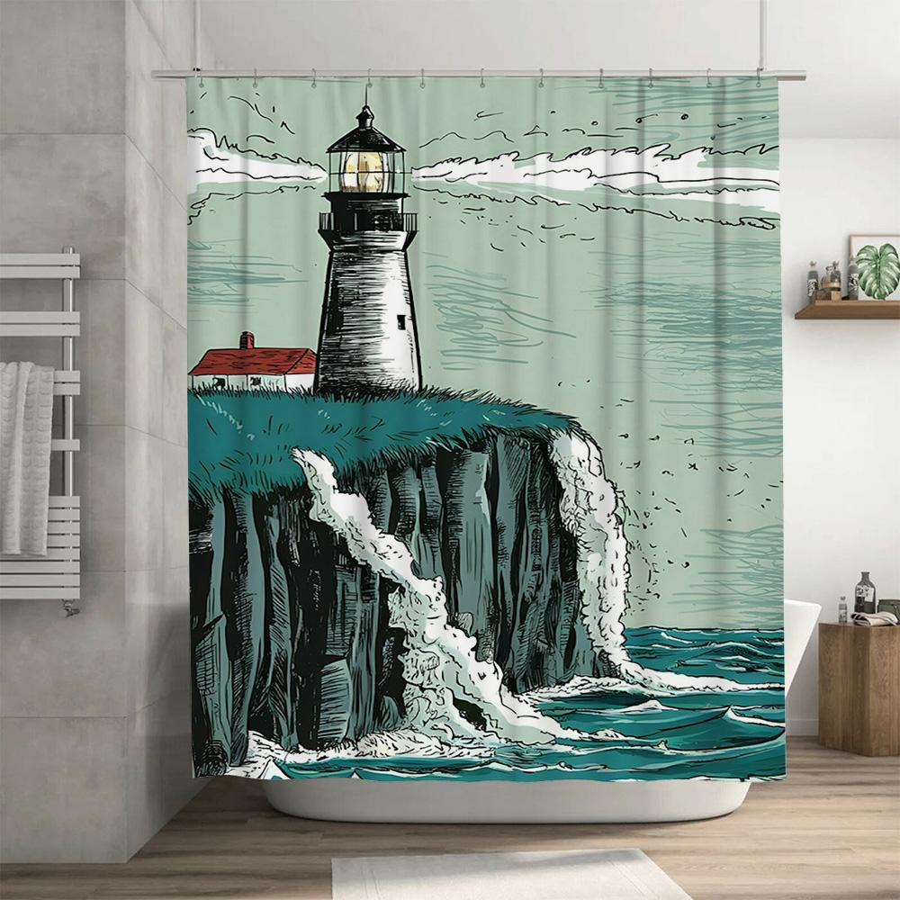 Vintage Lighthouse Waterproof Shower Curtain Set for Bathroom Decor Blue Ocean Waves Print Easy Install Rod Included (180x152cm)