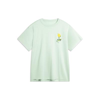 Li Ning Chinese Culture Series Printed Pattern Loose Casual Short Sleeve Drop Shoulder T-Shirt Women T-Shirt Ice-Green AHSU338-2