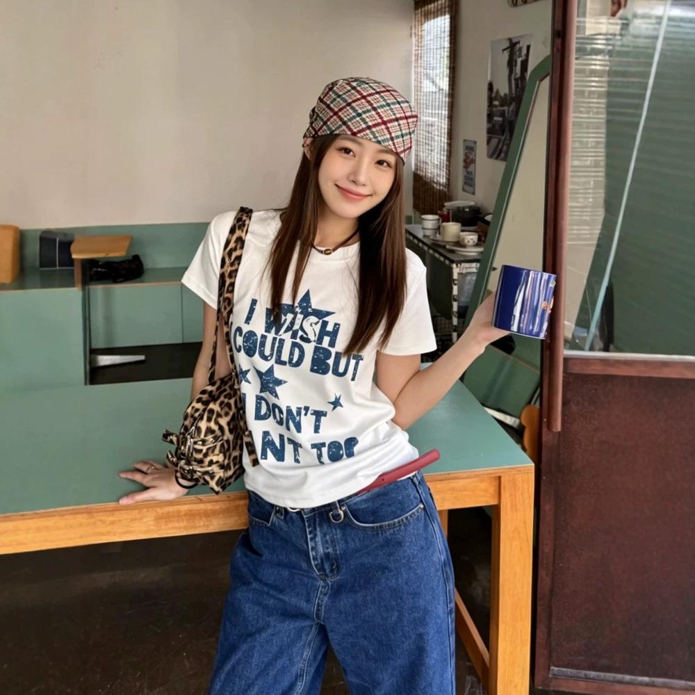 Women'S Black Vintage Letter Graphic Print Short Sleeve T Shirt Top Loose Fit Casual Streetwear Sweet & Cool Style