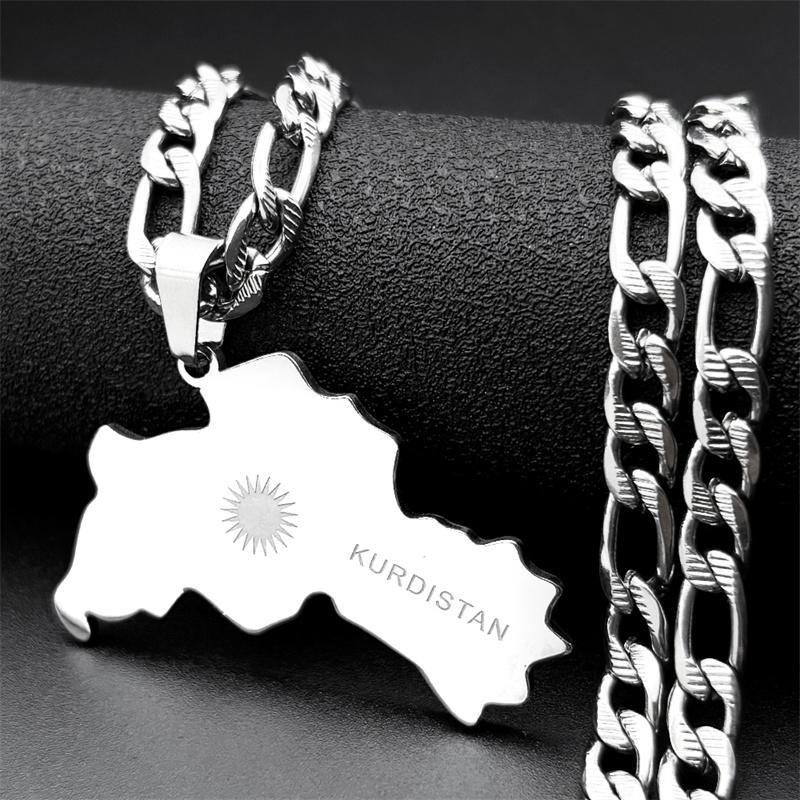 Kurdistan Karte Flagge Sonne Anhänger Halskette für Männer Frauen Edelstahl Goldfarbe Ethnisch Geographie Hip Hop Cuban Chain Schmuck gray