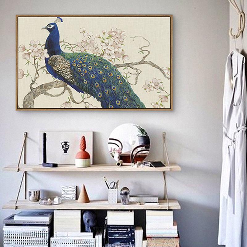 Elegant Arts Blue Peacocks On Tree Pink Flower Traditional Chinese Pastoral Canvas Painting Wall Posters for Home Decor