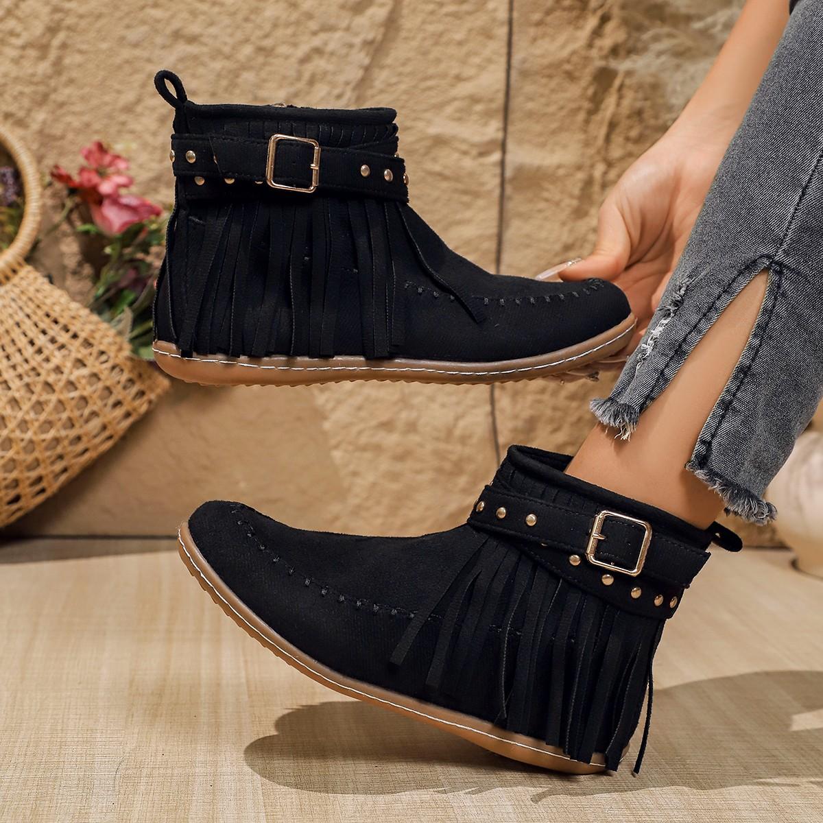 

Large size rivet tassel metal buckle with short tube cigarette boots autumn and winter new flat-bottomed warm women s boots 43 хакі