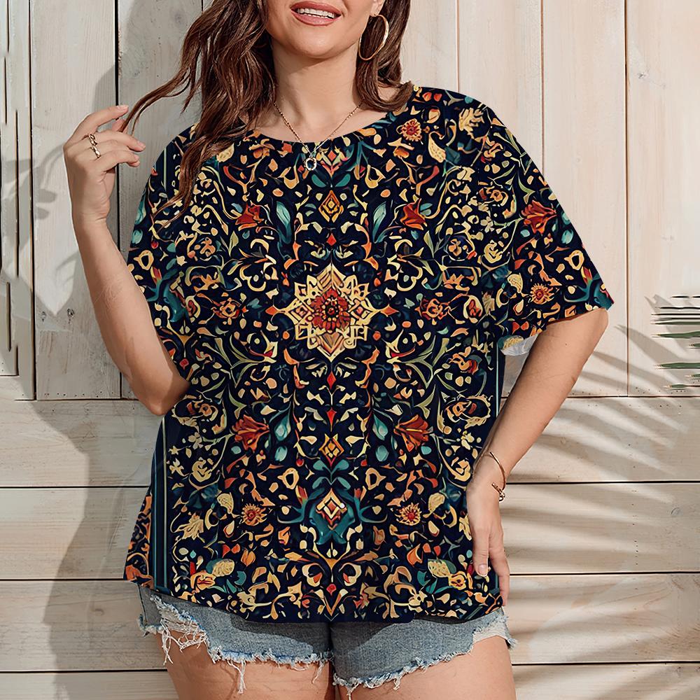 2025 Women's Large Size T-Shirt Summer Outdoor Casual Short Sleeve Tops Retro Ethnic Floral Print OverSize Women's Clothing