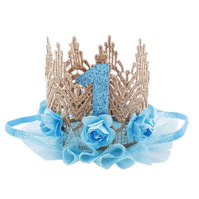 Lace Mesh Pink Gold Rose Happy Birthday One Year Old Birthday Party Hat Sequined Crown Kids Girls Party Decor Crown Princess