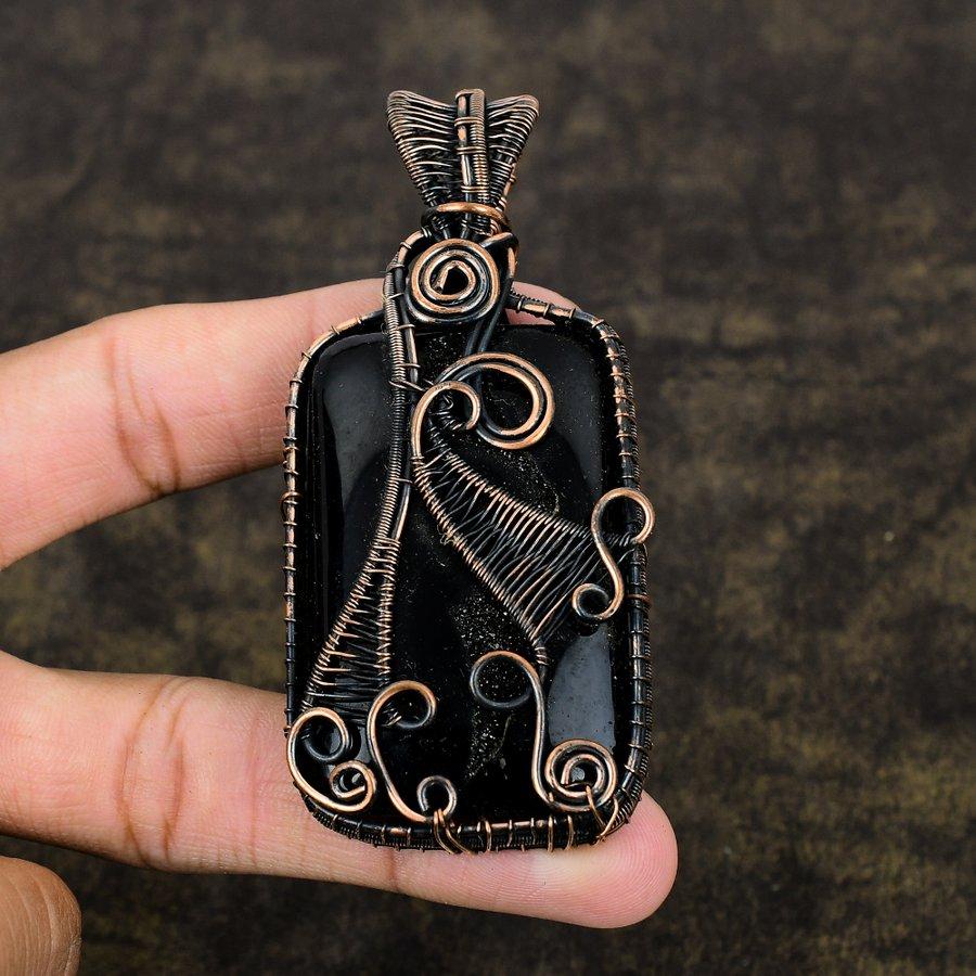 Black Botswana Druzy Copper Wire Wrap Jewelry Pendant 3.47" E4i55