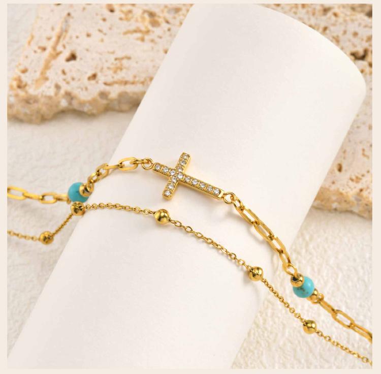Türkisfarbener Knöchelkettchen, Doppellagige Fußkette mit Kreuz aus Edelstahl, Sommer Strand Schmuck für Damen Anlaufgeschützt Ästhetischer Schmuck
