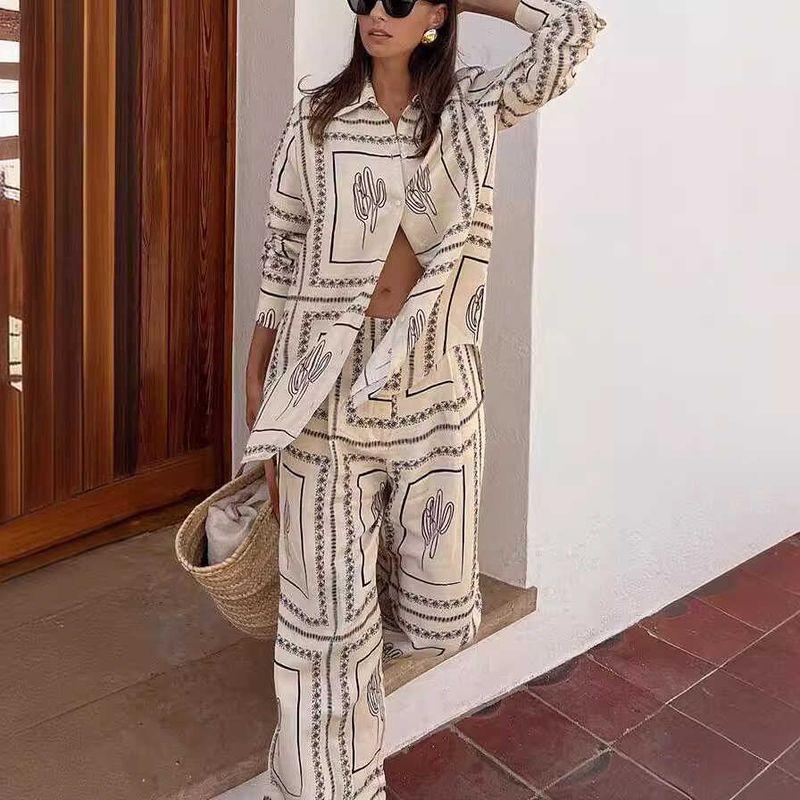 Home Suit Set Women European and American Print Long Sleeve Shirts + Trousers Two-piece Suit Home Wear Casual