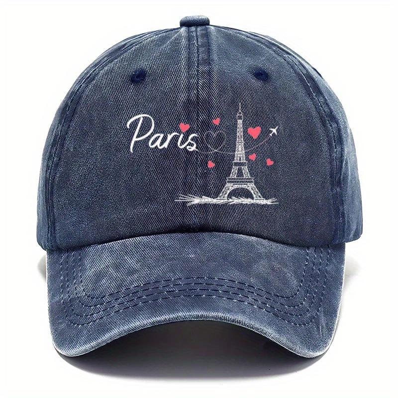 1pc Retro Paris Eiffel Tower  Hearts Print Baseball Cap  Adjustable Unisex Breathable Fabric Hat for Outdoor Travel