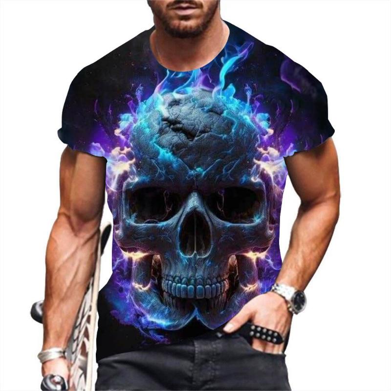 Fashion Men's Crew Neck Short Sleeve 3D Skull Color Printed Skull Short Sleeve Crew Neck T-Shirt