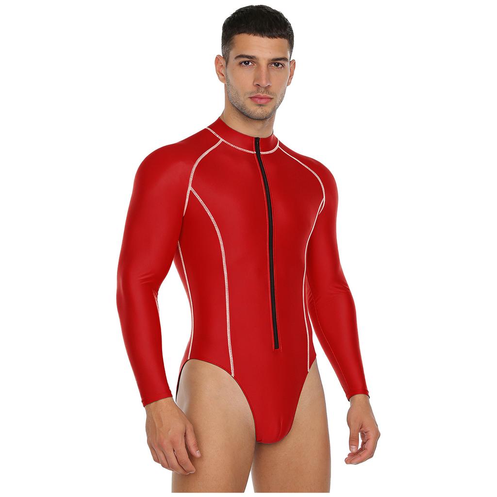 #M-4XL Mens Glossy Bodysuit Mock Neck Long Sleeve Front Zipper Leotard Jumpsuit Rash Guard for Beach Surfing Swimming Workout