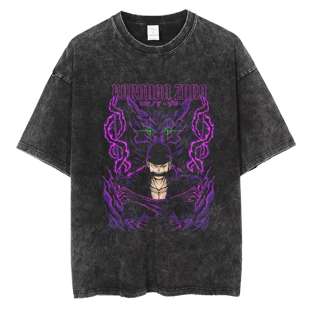 Anime ONE PIECE Zoro Harajuku Retro Vybledlé Tričko Bavlna Pánské Streetwear Oversized Dámský Krátký Rukáv