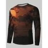 Men's Long Sleeve T-Shirt Halloween Cemetery Bat Dead Tree Sunset 3D Print Crew Neck Casual Tops