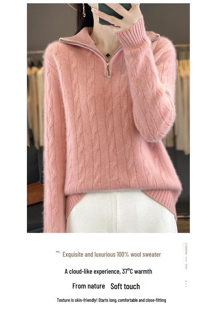 Women's Autumn/Winter High-Neck Wool Cable Knit Cashmere Sweater, Slimming Loose Fit, Soft Half-Zip Pullover