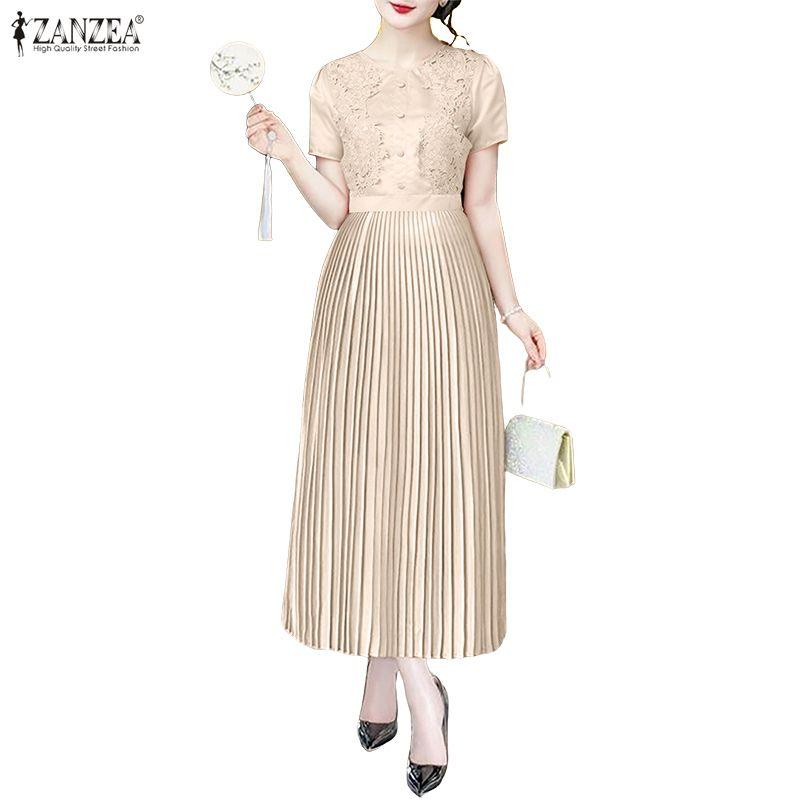 ZANZEA Women Casual Round Neck Short Sleeve Lace Crochet Patchwork Dress