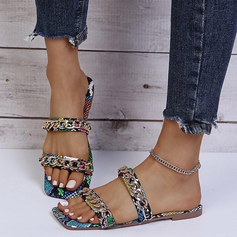 Summer Shoes  Snake Pattern Artificial Leather Women Flat Sandals Sexy Ladies Shoes Roman Beach Sandals Big Size Flip Flops