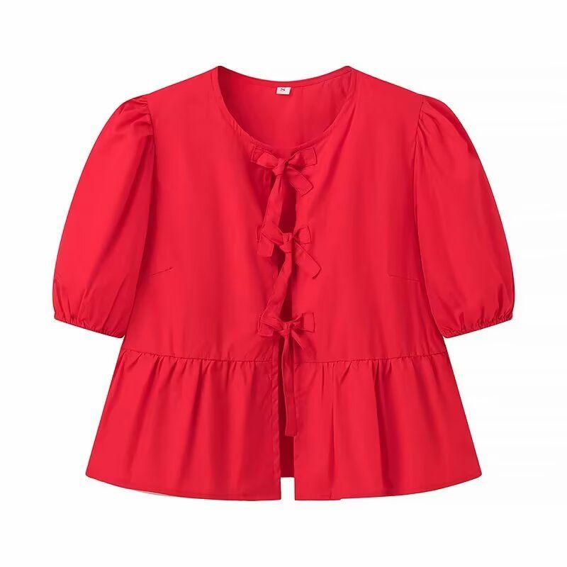 

Kaslead Новое поступление Женский модный стиль Модный повседневный Легче всего сочетать Хлопковая рубашка со шнурками и бантами Red L