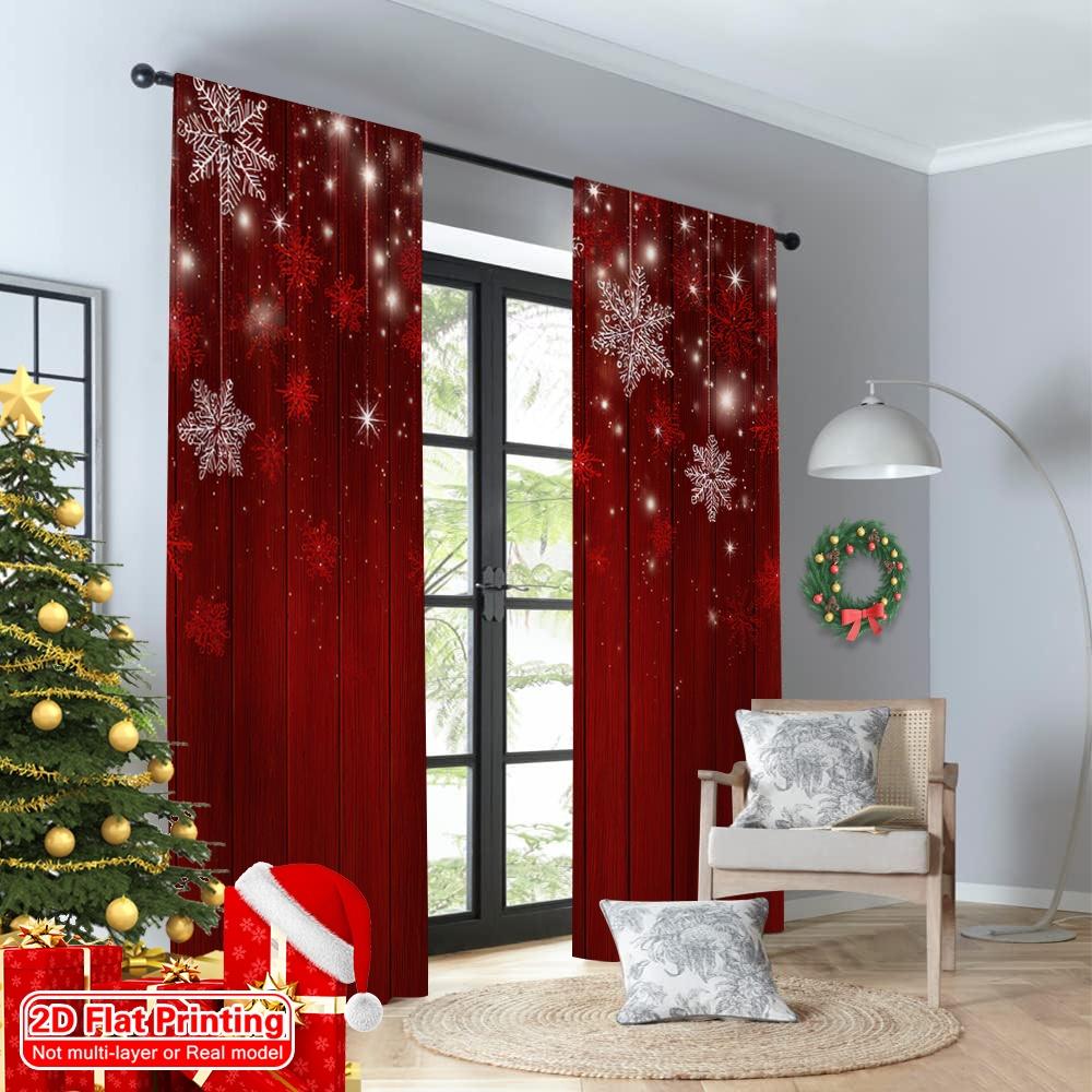 2D Flat Printing 2pcs Christmas Hot Party Curtains Red Snowflakes Festive Christmas Digital Printed Polyester Drapes Festive